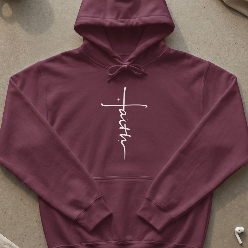 Maroon hoodie with white handwritten "Faith" cross graphic on chest.
