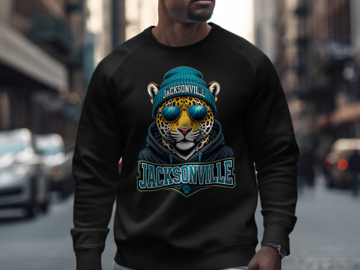 Black sweatshirt with a Jacksonville leopard graphic wearing a beanie and sunglasses.