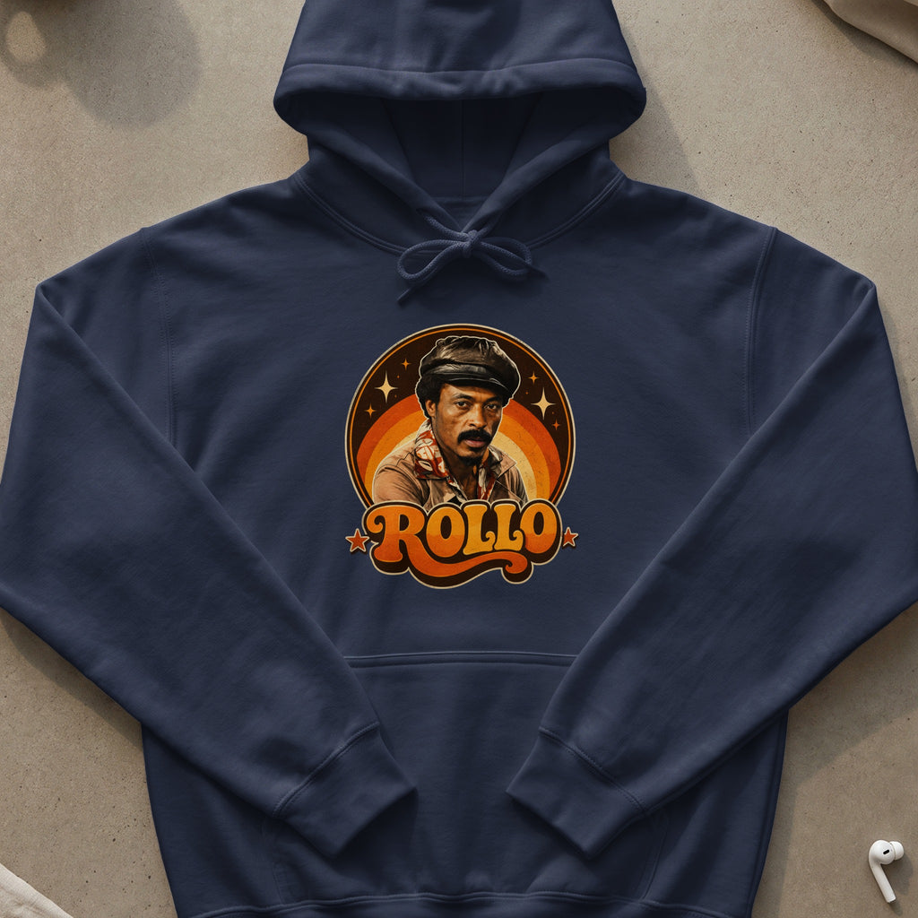 Navy blue hoodie with a vintage "Rollo" graphic featuring a man and retro sunset design.