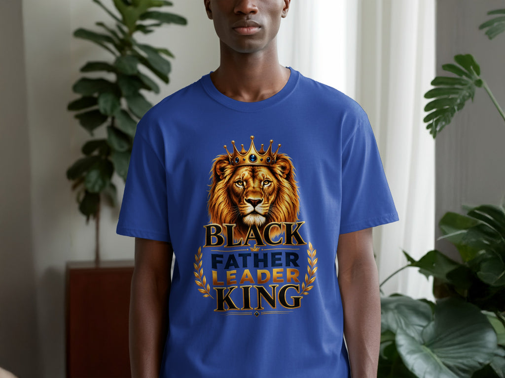 Blue t-shirt with lion wearing crown and text "BLACK FATHER LEADER KING".