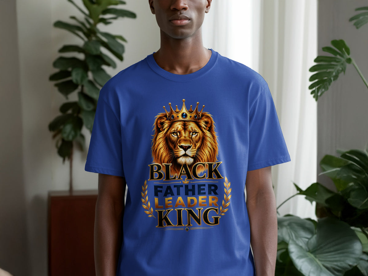 Blue t-shirt with lion wearing crown and text "BLACK FATHER LEADER KING".