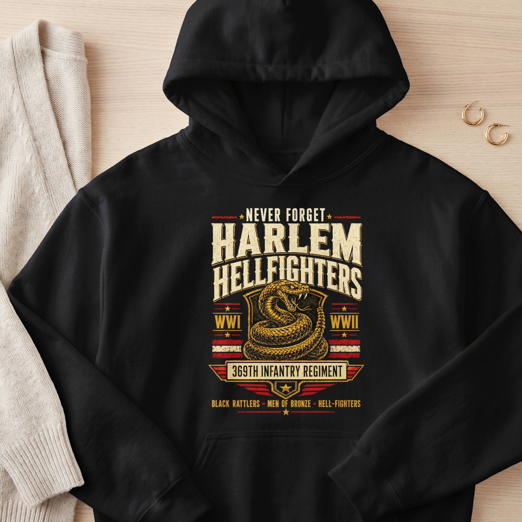 Black hoodie with "Harlem Hellfighters 369th Infantry Regiment" and rattlesnake graphic.