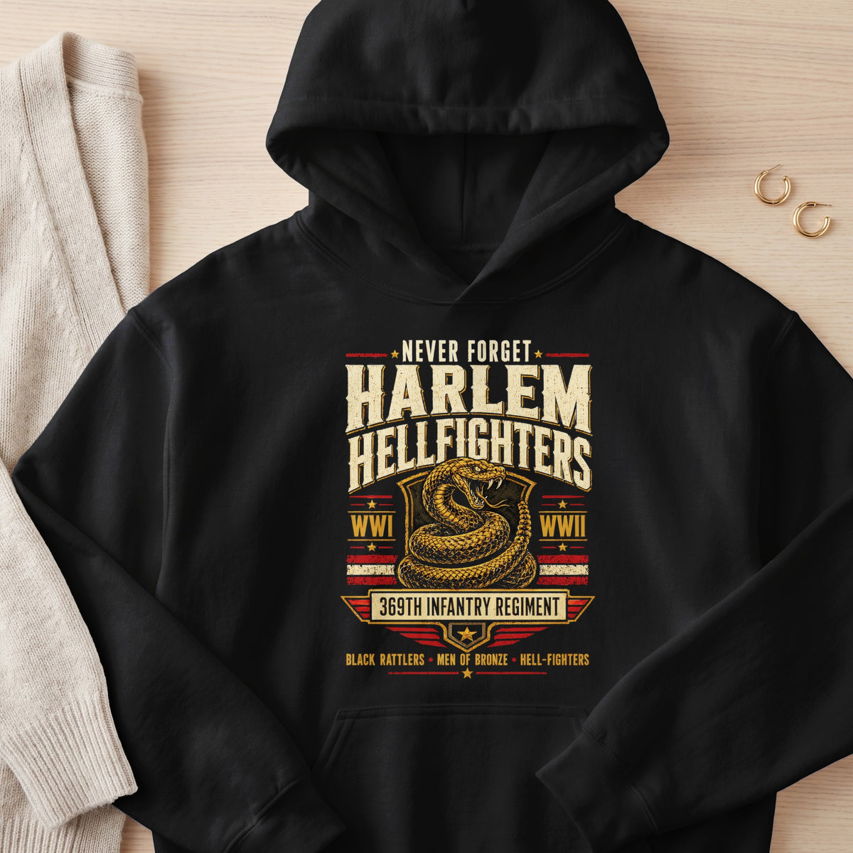 Black hoodie with "Harlem Hellfighters 369th Infantry Regiment" and rattlesnake graphic.