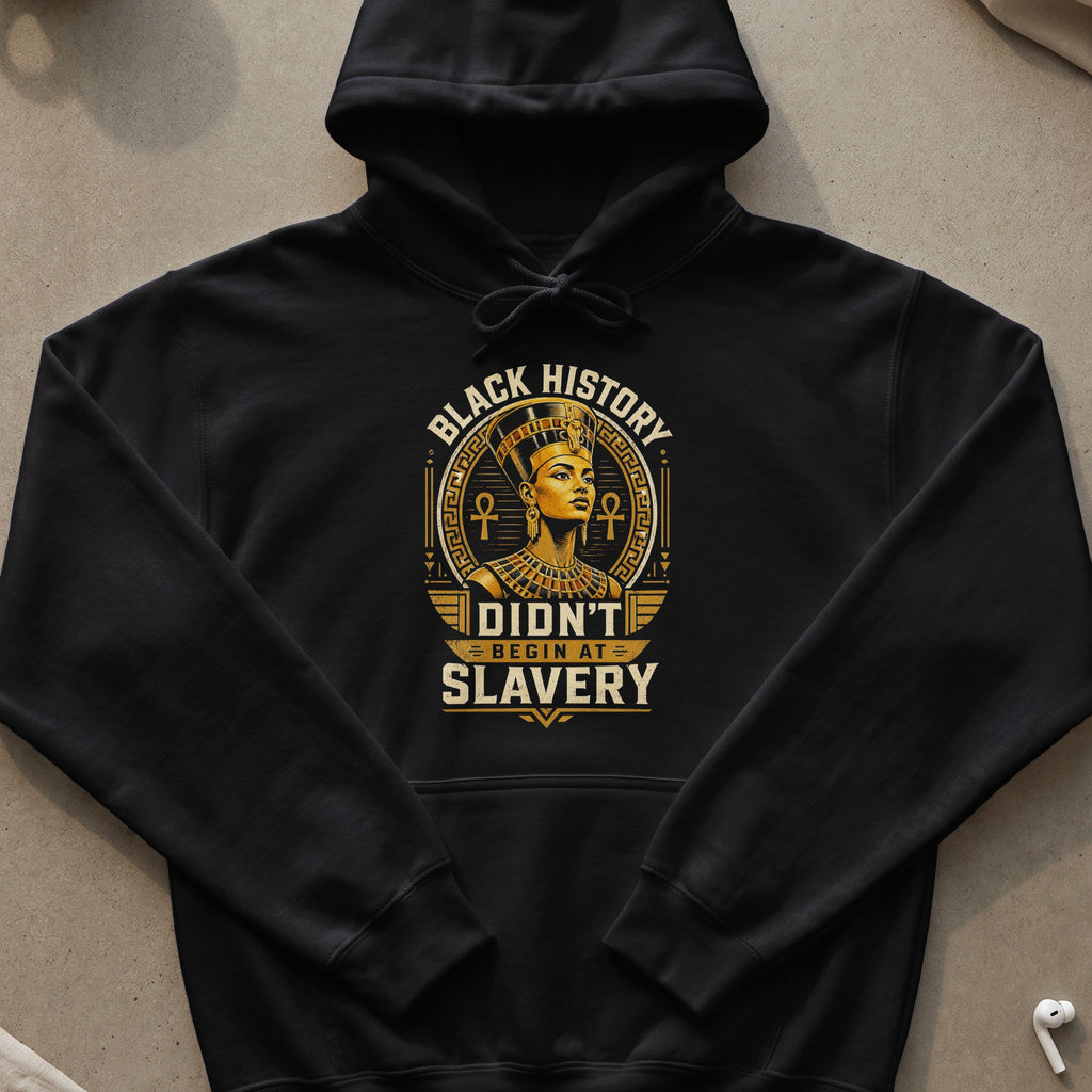 Black hoodie with a circular graphic featuring Queen Nefertiti and text about Black History.