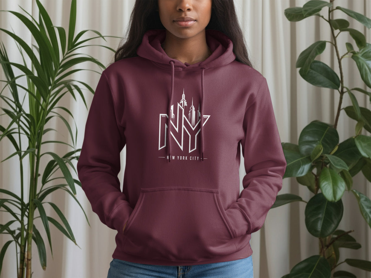 Burgundy hoodie with white "NY" skyline logo and "NEW YORK CITY" text.