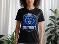 Black t-shirt featuring a blue lion with sunglasses and a beanie, with "DETROIT" text.