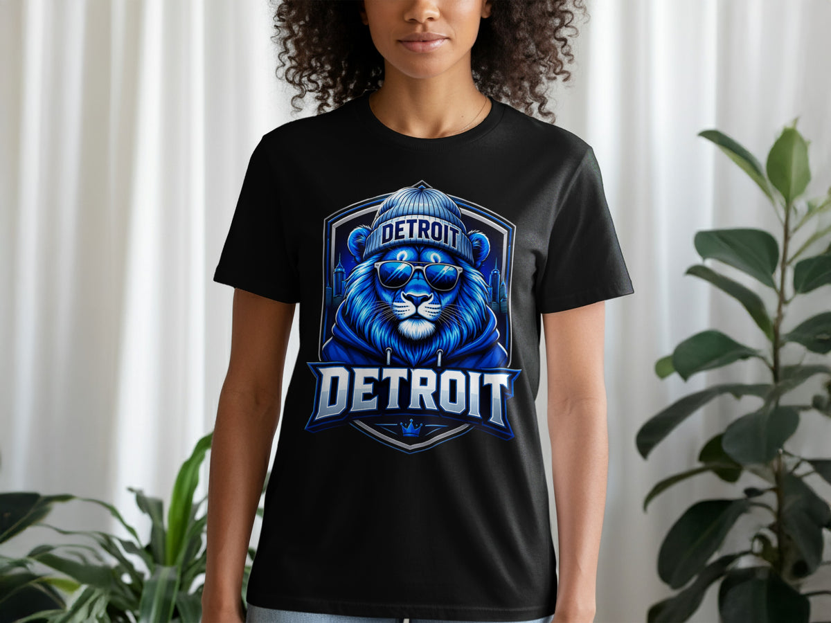 Black t-shirt featuring a blue lion with sunglasses and a beanie, with "DETROIT" text.