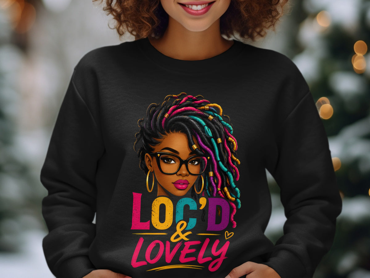 Black sweatshirt with colorful graphic: Loc'd & Lovely with woman wearing glasses and locs.