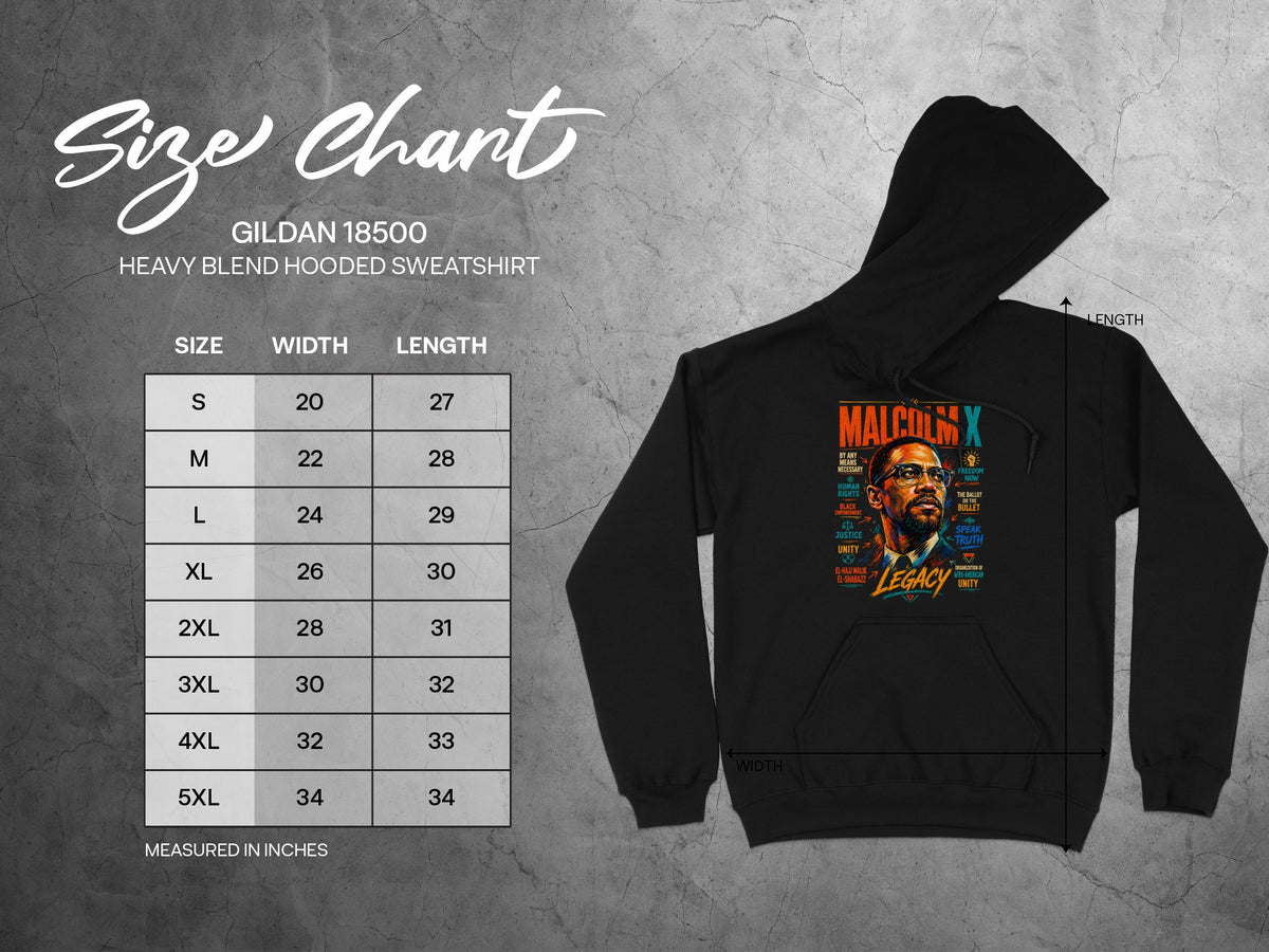 Gildan 18500 Heavy Blend Hooded Sweatshirt size chart with measurements.