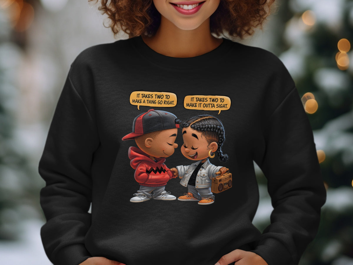 Cartoon children on a black sweatshirt holding hands, with text bubbles.