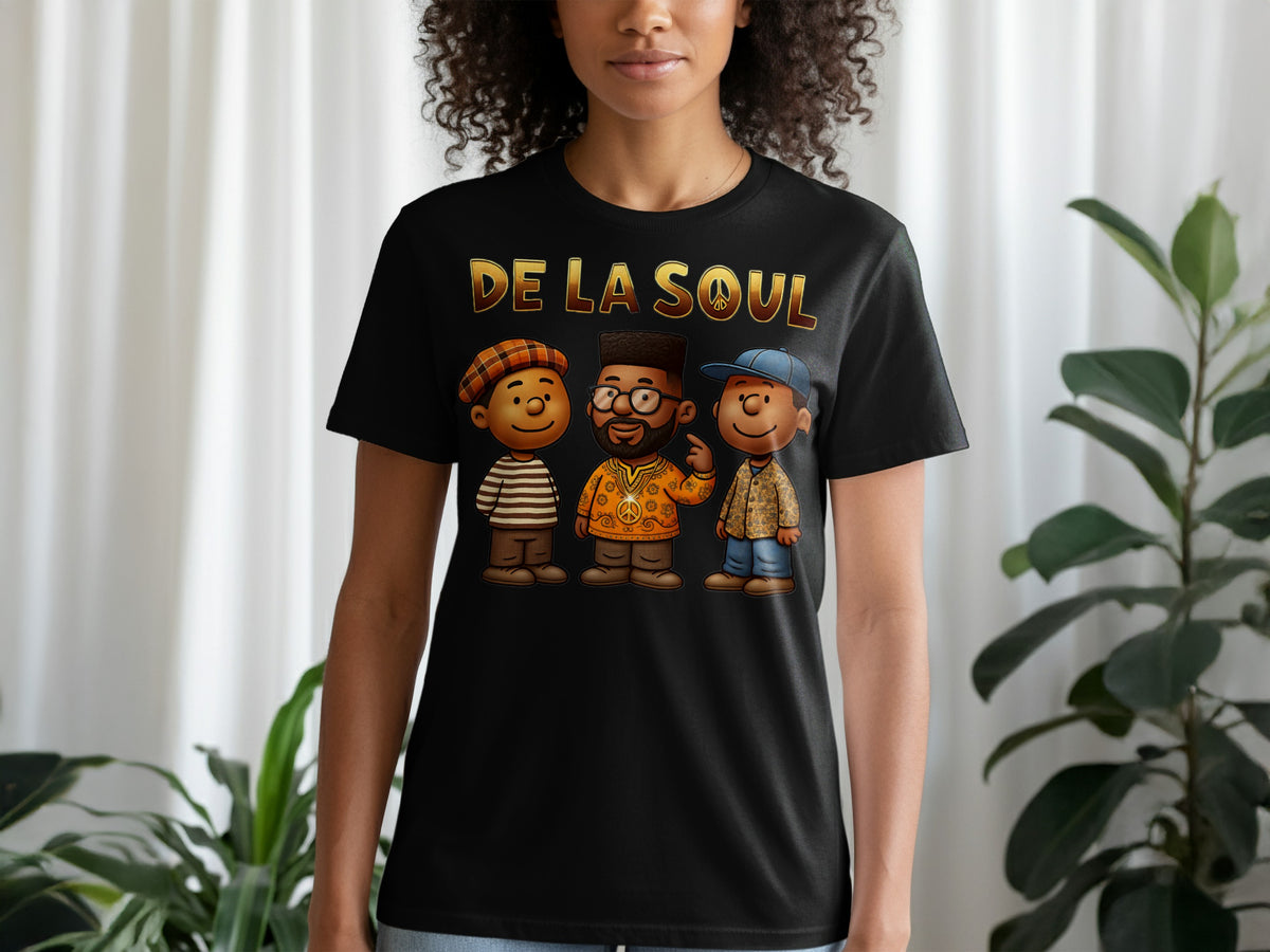 Black t-shirt with cartoon characters and "DE LA SOUL" text.