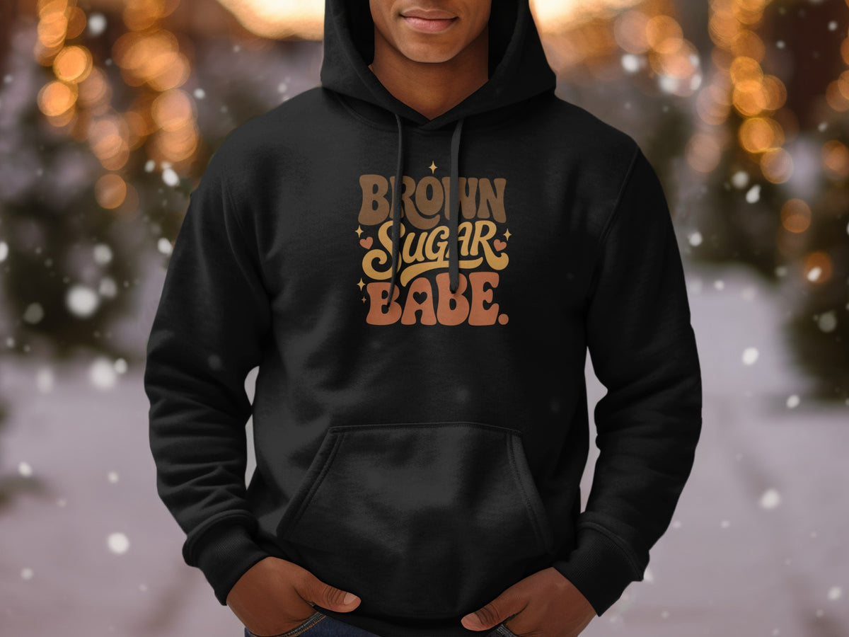 Black hoodie with "Brown Sugar Babe" text and heart graphics.