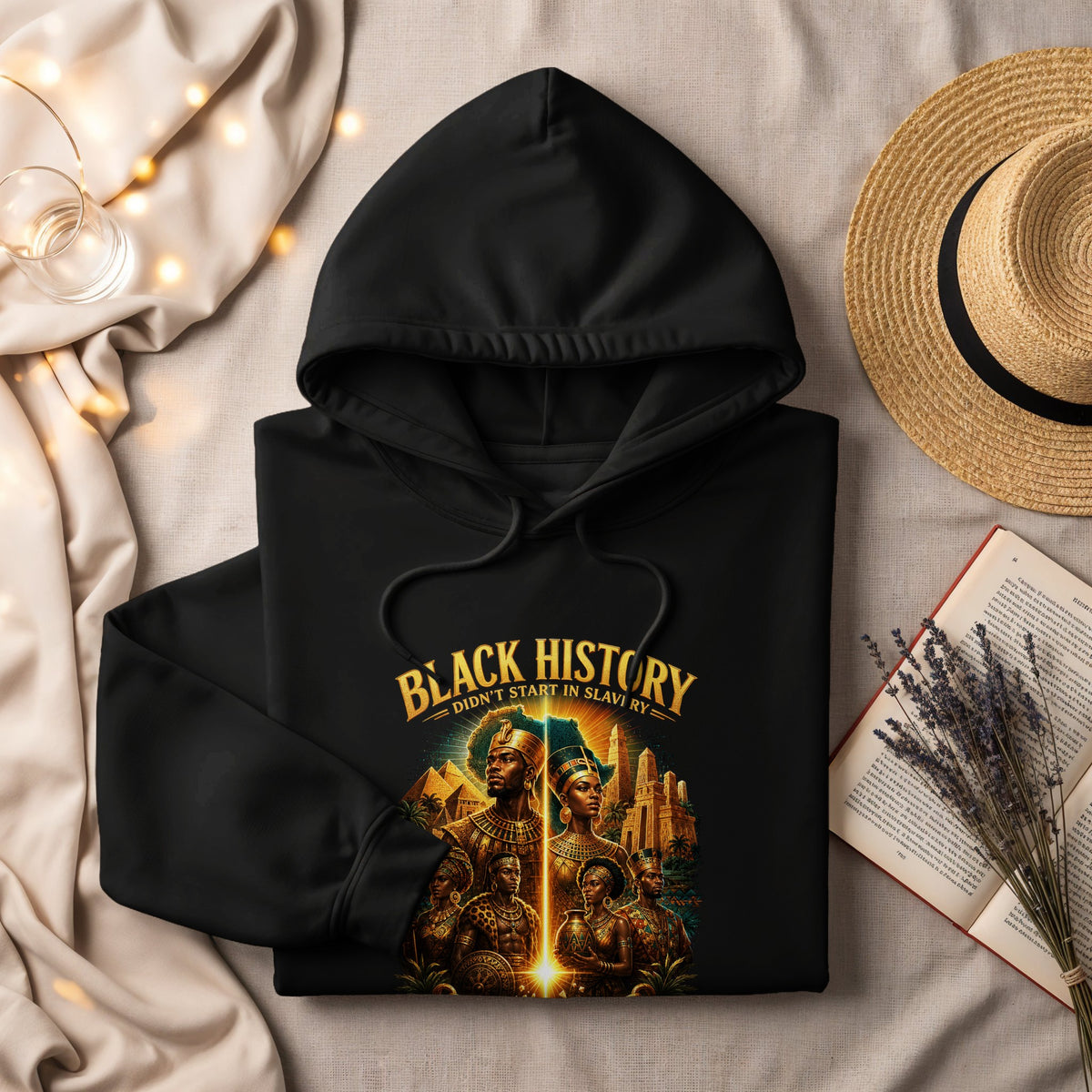 Black History hoodie with ancient Egyptian motif and text "Black History Didn't Start in Slavery".