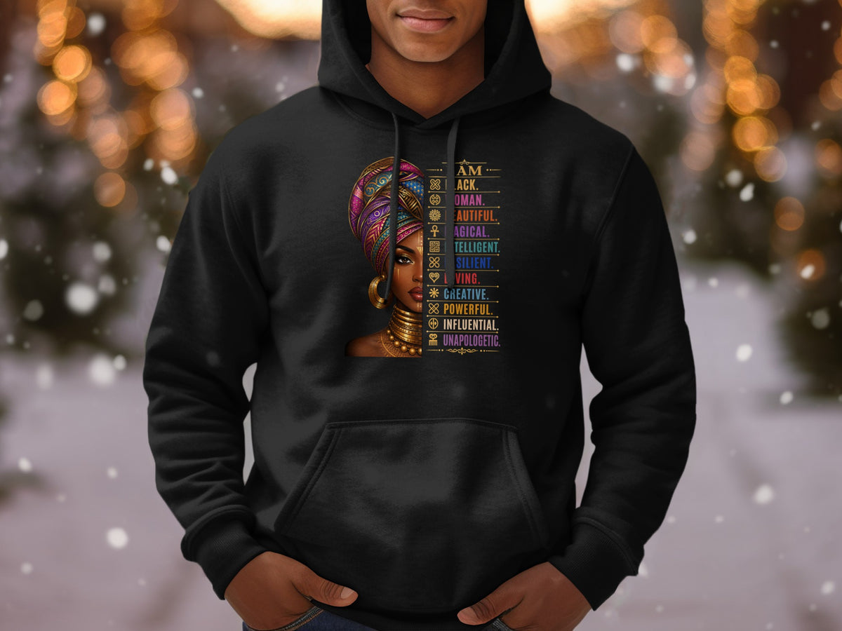 Black hoodie featuring artwork of a woman with a colorful headwrap and text defining her qualities.