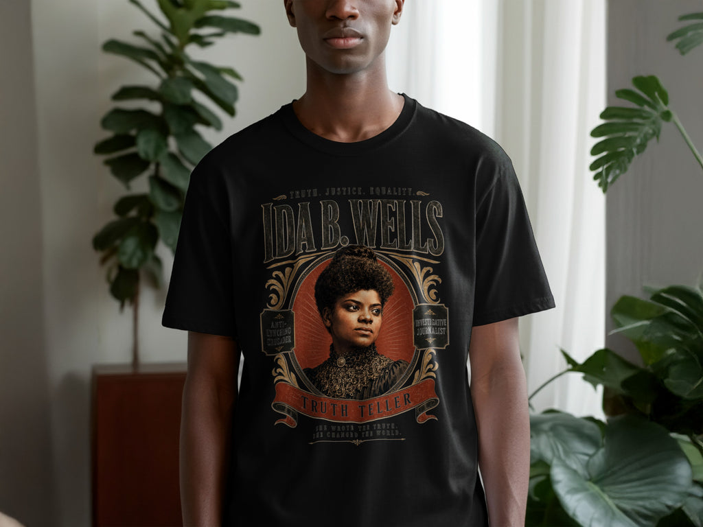 Black t-shirt with Ida B. Wells portrait and text "Truth Teller".