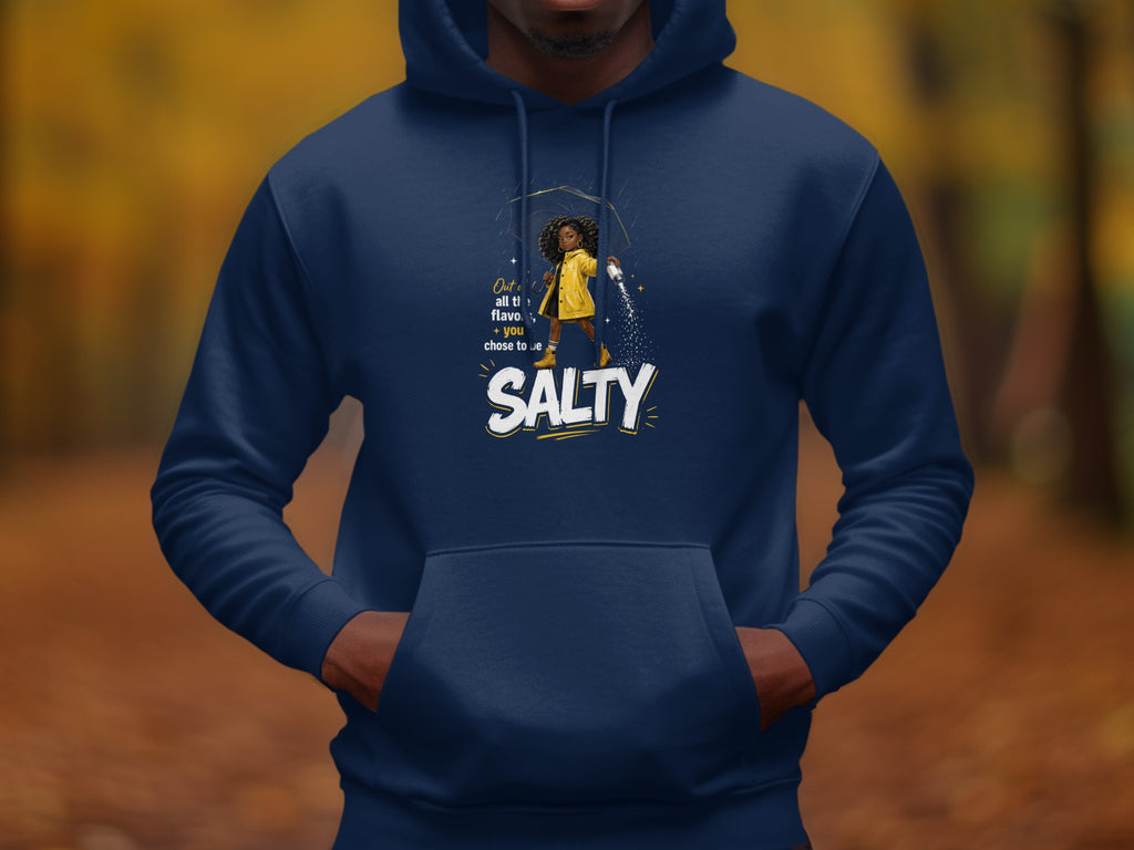 Navy hoodie with "Salty" graphic of a girl with an umbrella and salt shaker.