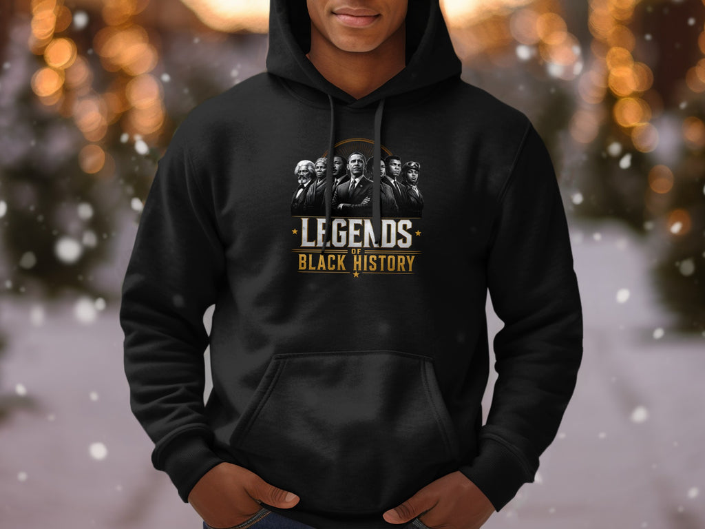 Black hoodie with "Legends of Black History" graphic featuring historical figures.