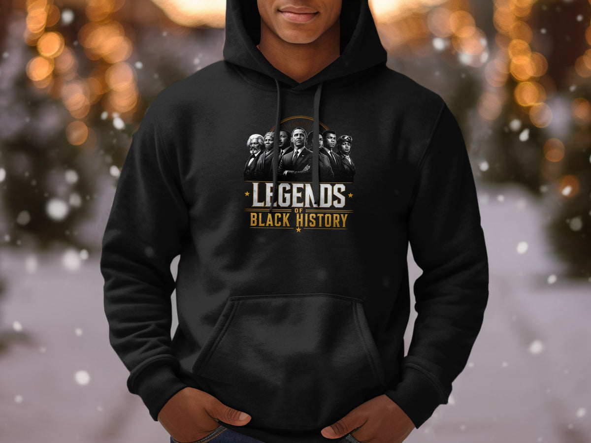 Black hoodie with "Legends of Black History" graphic featuring historical figures.