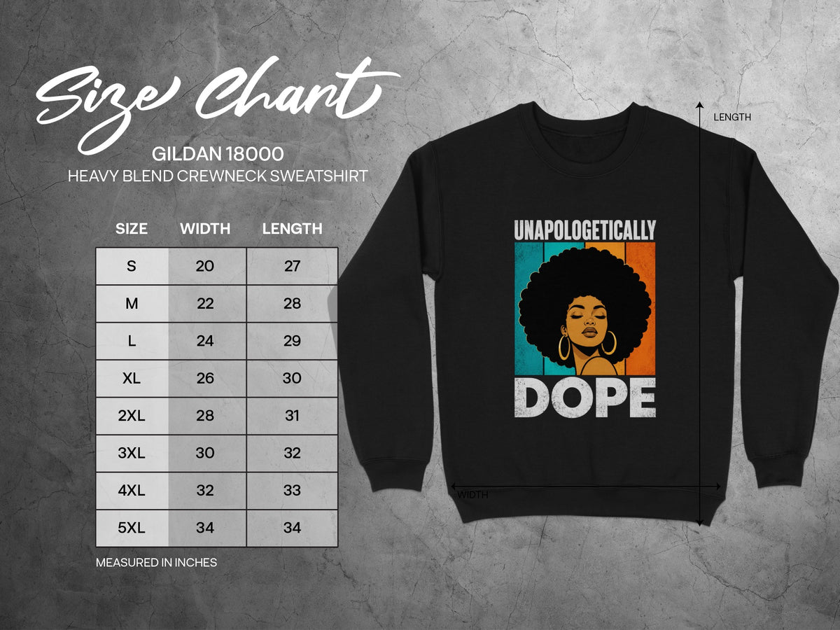 Size chart for Gildan 18000 Heavy Blend Crewneck Sweatshirt with garment graphic.