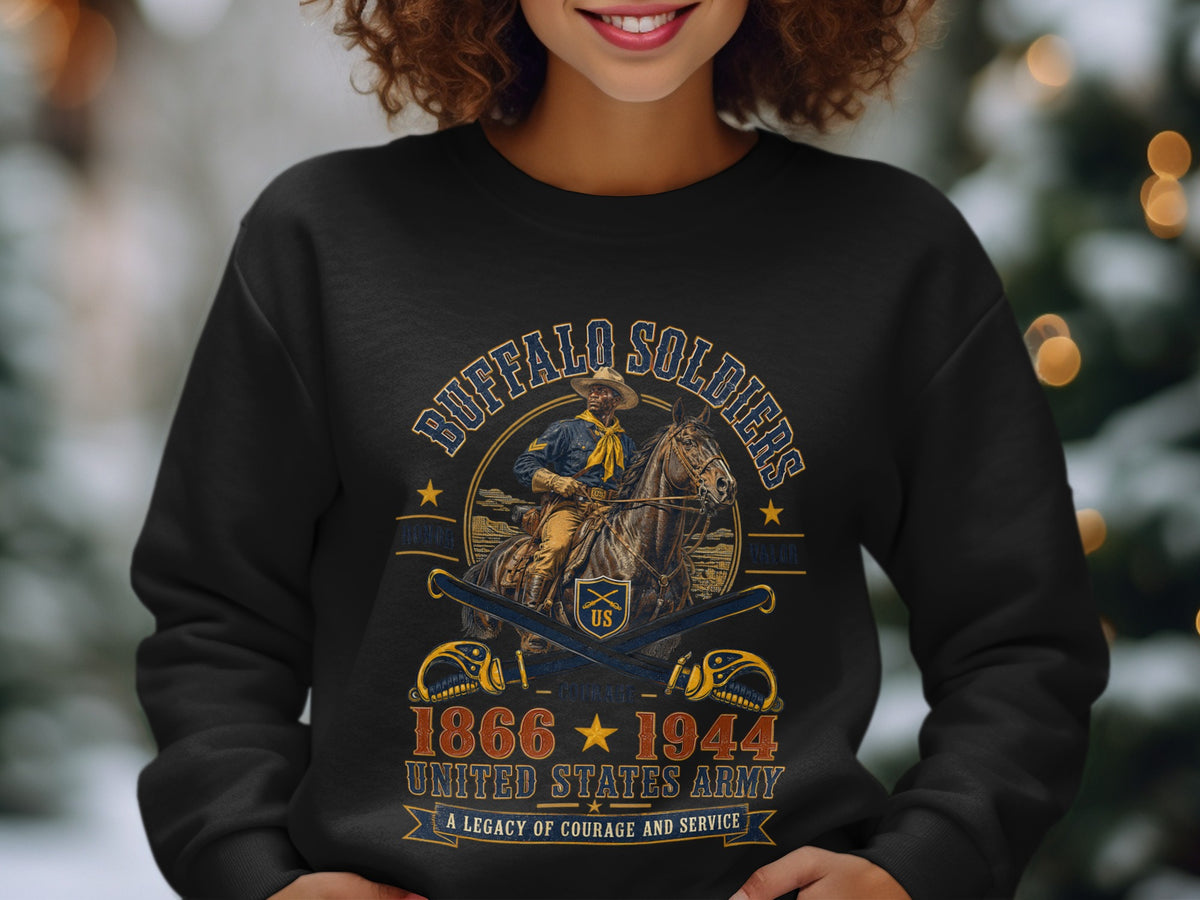 Buffalo Soldiers United States Army graphic with cavalry rider, crossed sabers, and dates 1866-1944.
