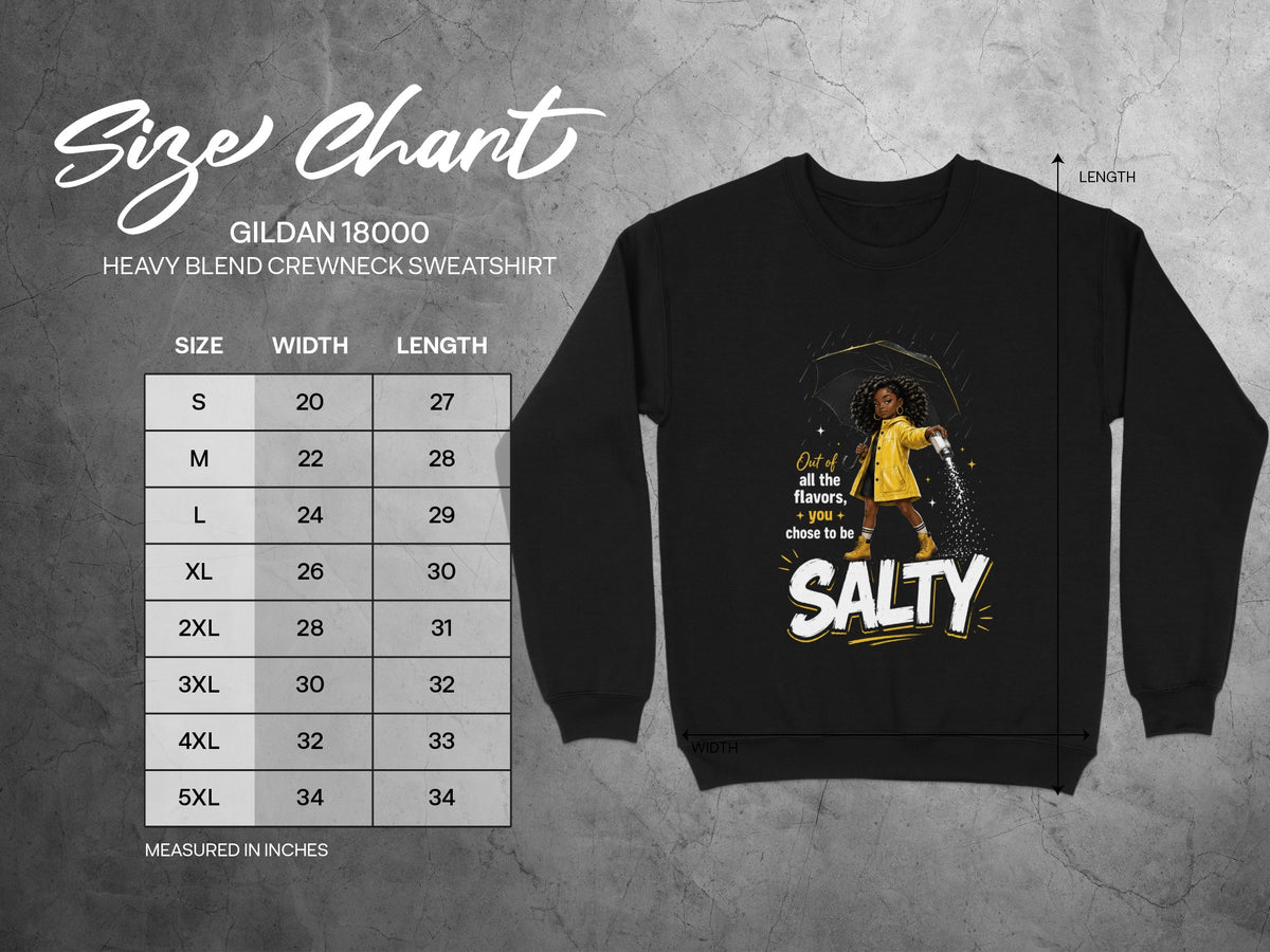 Gildan 18000 size chart for heavy blend crewneck sweatshirt with graphic.