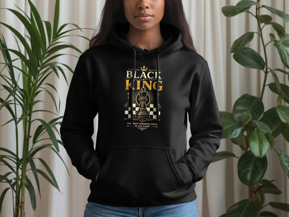 Black hoodie with "Black King" text, a chess king, and chessboard design.