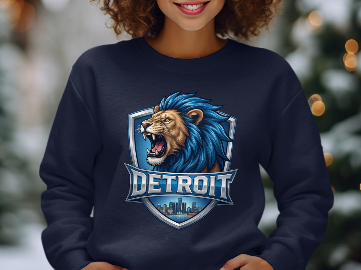 Navy sweatshirt with a blue lion and Detroit city skyline crest graphic.