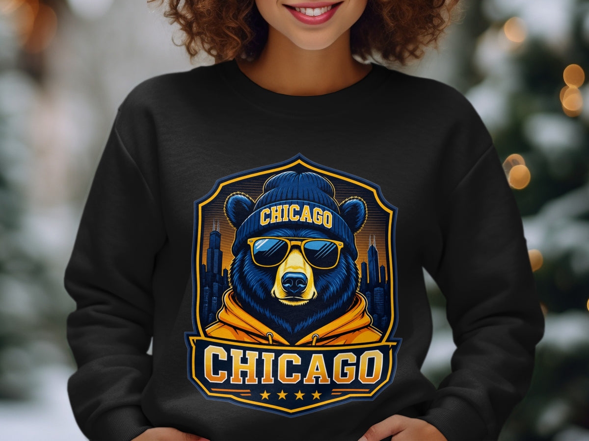 Black sweatshirt with a Chicago bear graphic wearing a beanie and sunglasses.