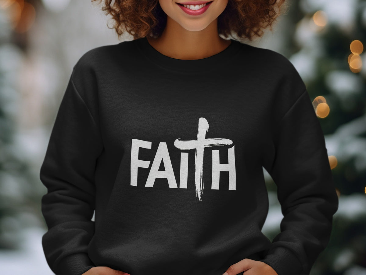 Black sweatshirt with white text "FAITH" and a cross graphic.