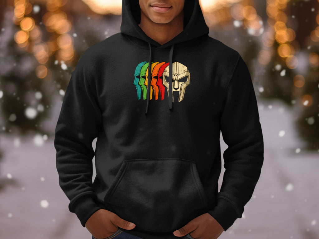 Black hoodie with a colorful retro mask graphic and falling snow.
