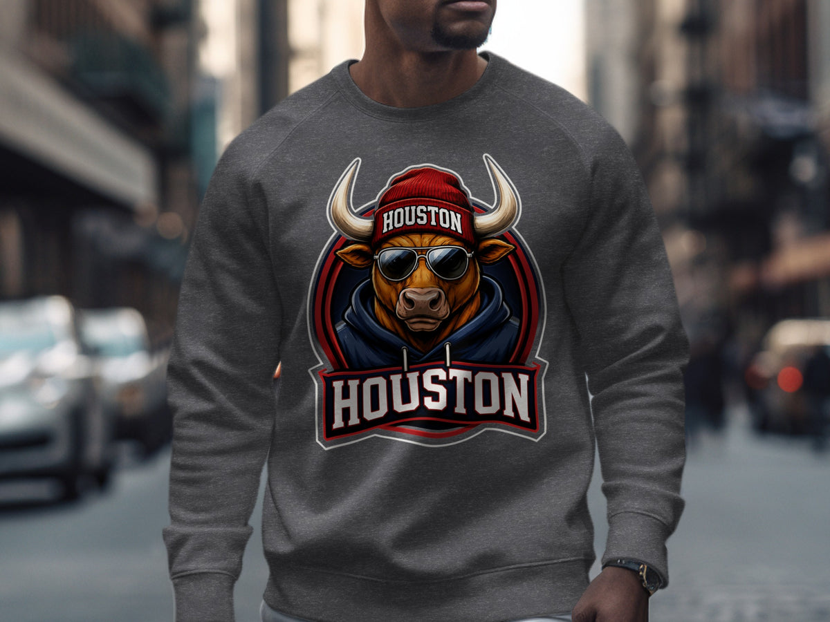 Grey sweatshirt with a bull logo wearing a red hat and sunglasses, with "HOUSTON" text.
