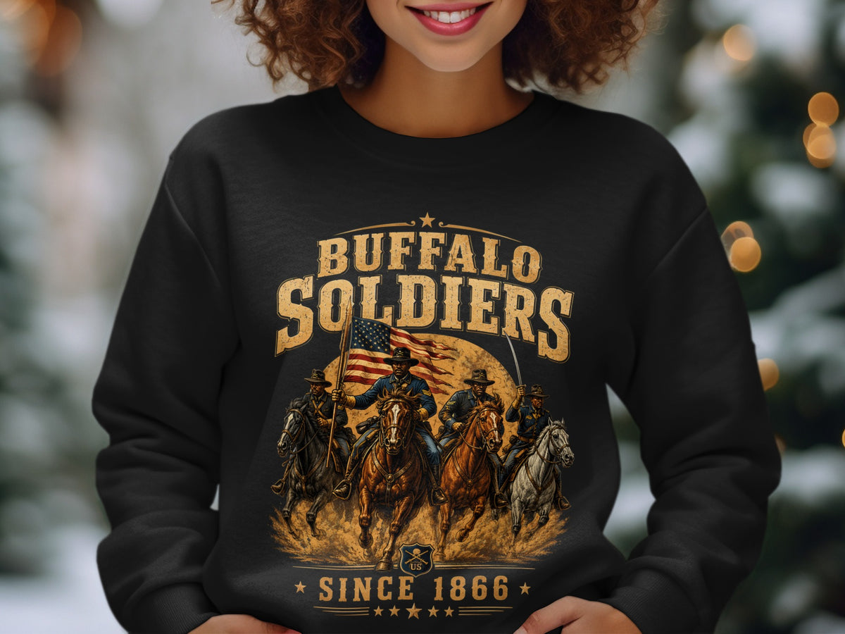 Black sweatshirt with Buffalo Soldiers graphic, American flag, and "Since 1866" text.