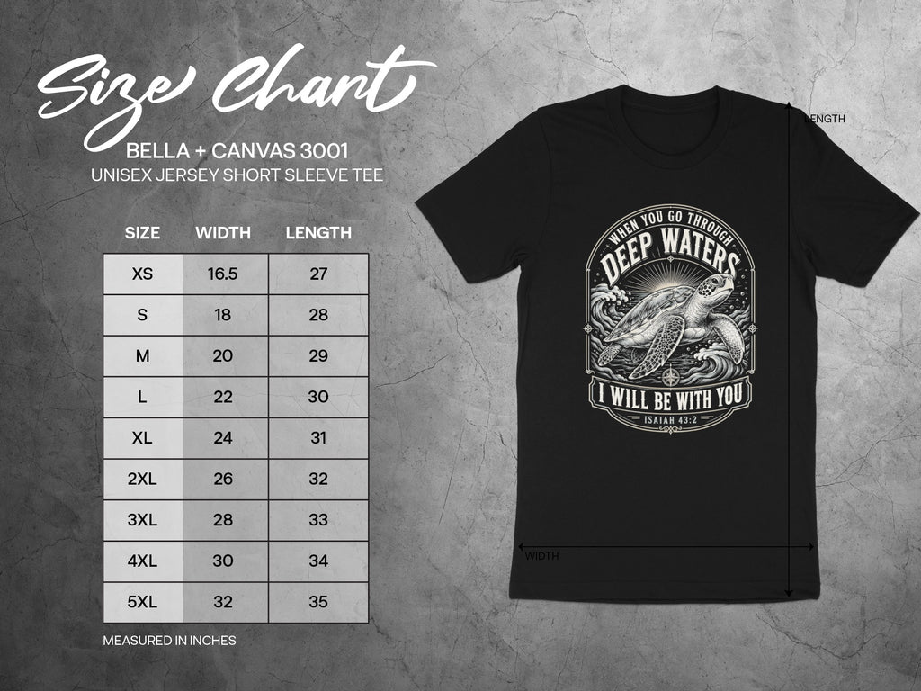 BELLA + CANVAS 3001 unisex t-shirt size chart with width and length measurements in inches.