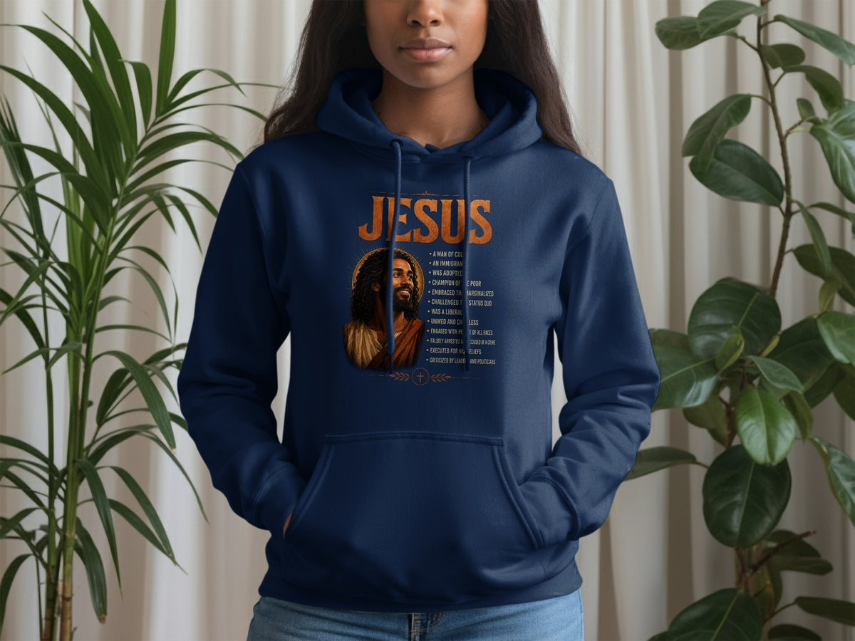 Navy blue hoodie with "JESUS" text and a portrait of Jesus.