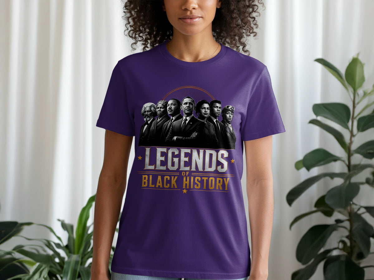 Purple t-shirt with "Legends of Black History" and portraits of historical figures.