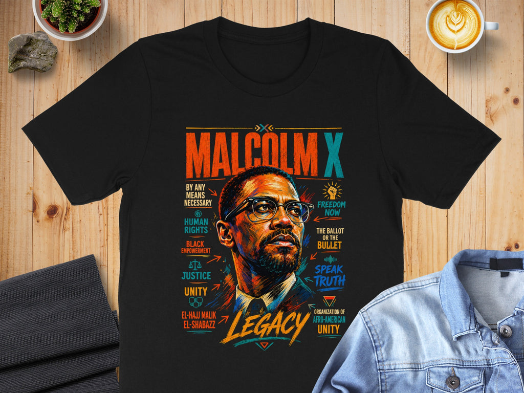 Malcolm X portrait with "Legacy" and text elements about human rights.