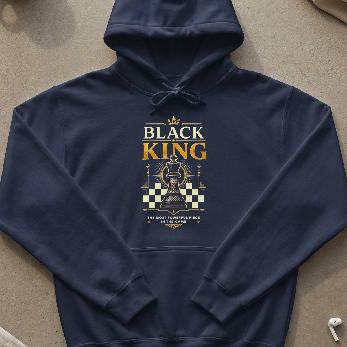 Navy hoodie with "BLACK KING" text and chess king graphic.