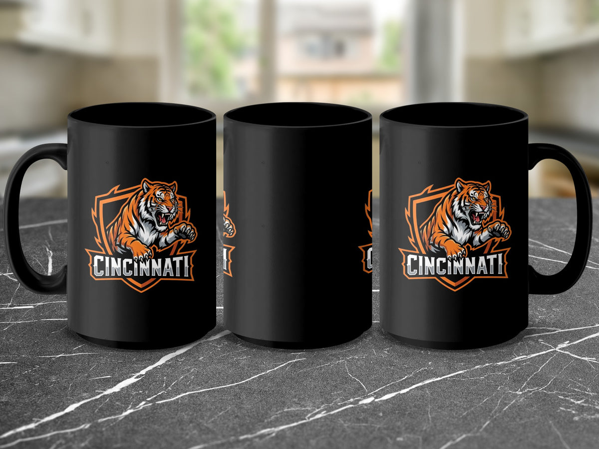 Three black mugs with a tiger logo and the word "CINCINNATI".