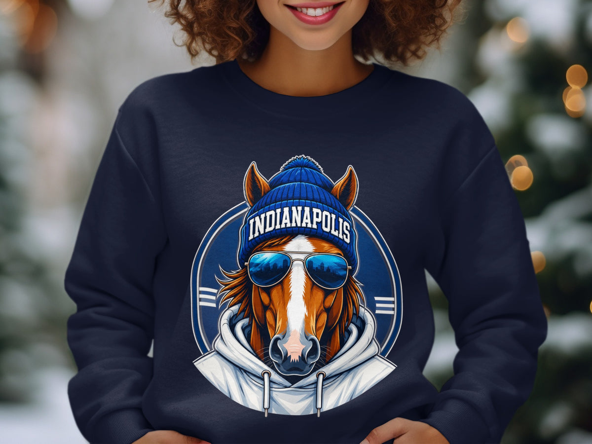 Indianapolis horse wearing beanie and sunglasses on navy sweatshirt.