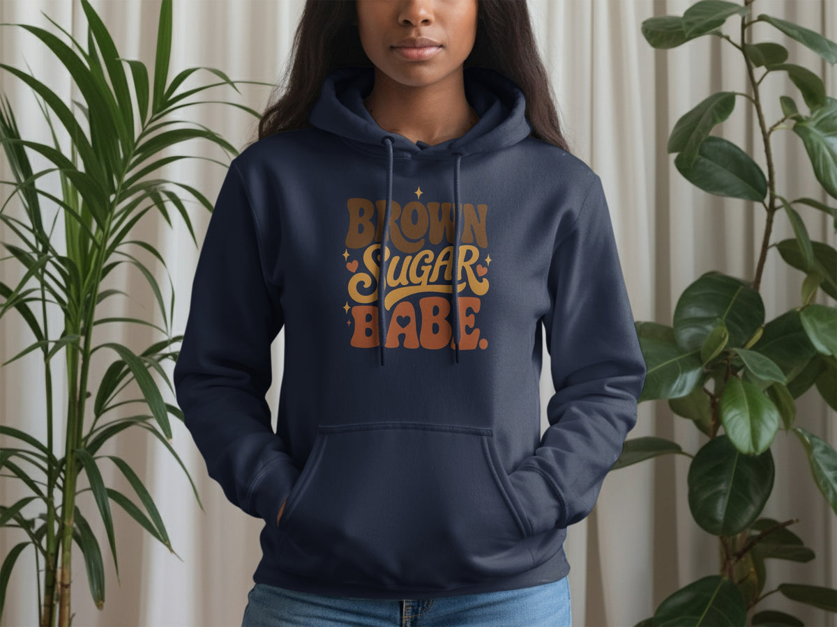 Dark blue hoodie with "Brown Sugar Babe" text and heart graphics.