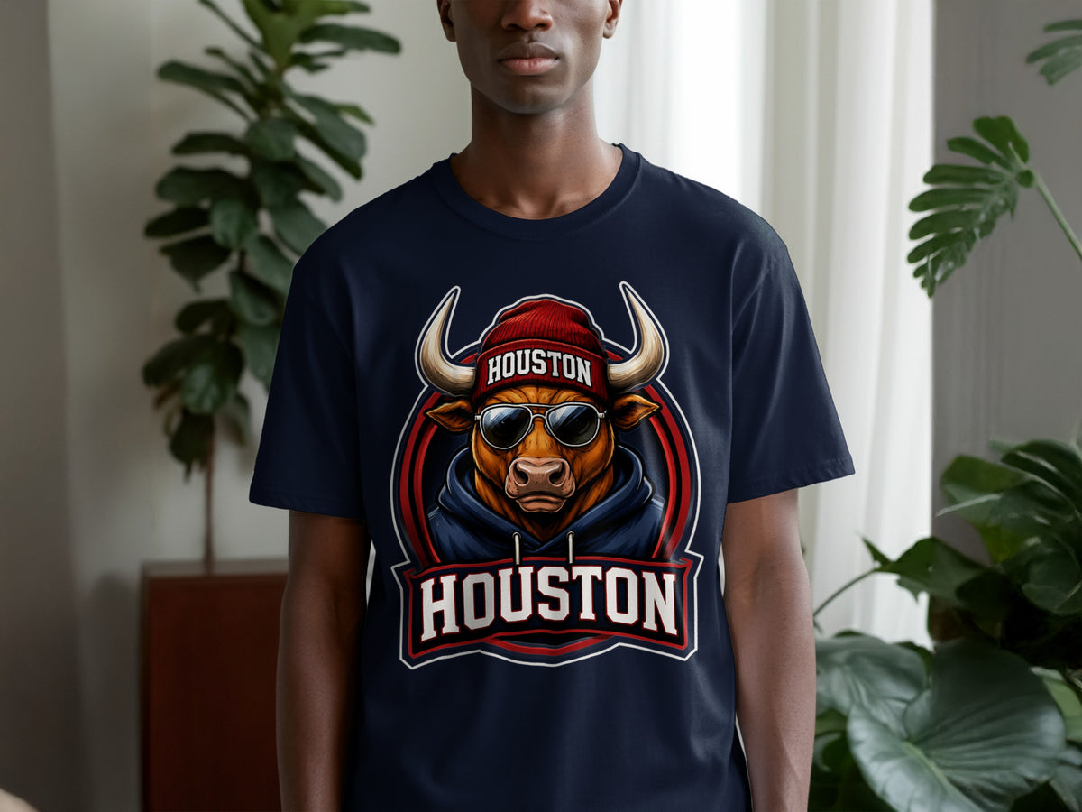 Dark blue t-shirt featuring a bull wearing a beanie and sunglasses, with "HOUSTON" text.