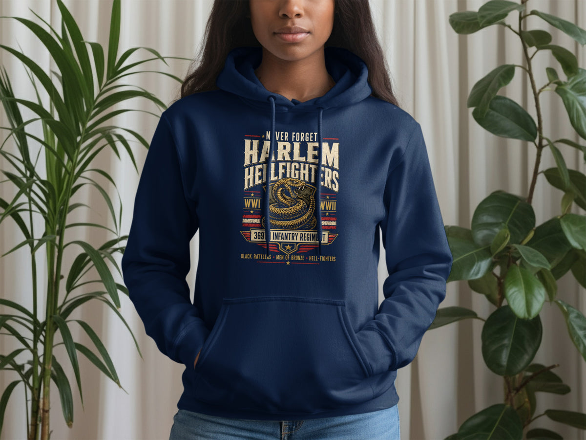 Navy hoodie with "Harlem Hellfighters 369th Infantry Regiment" text and snake graphic.