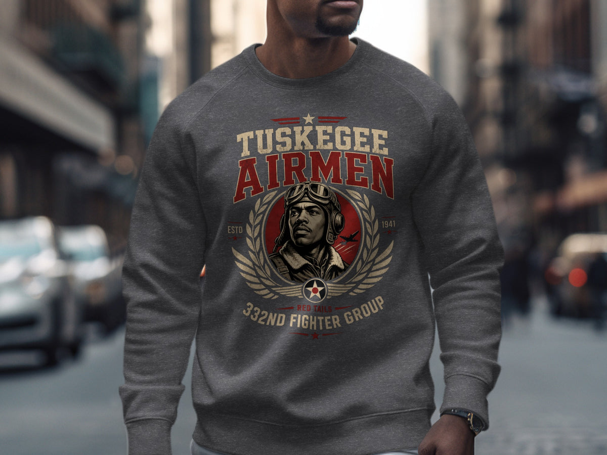 Tuskegee Airmen 332nd Fighter Group Red Tails graphic on a grey sweatshirt.