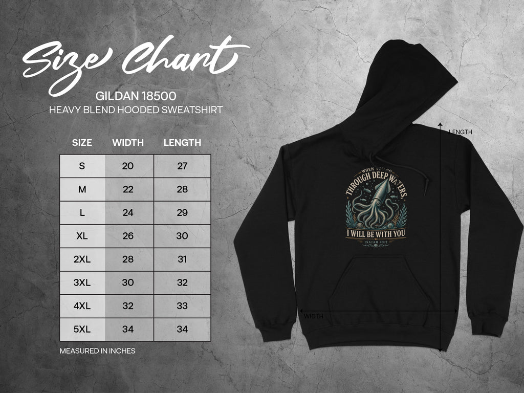 Gildan 18500 Heavy Blend hoodie size chart with width and length measurements in inches.