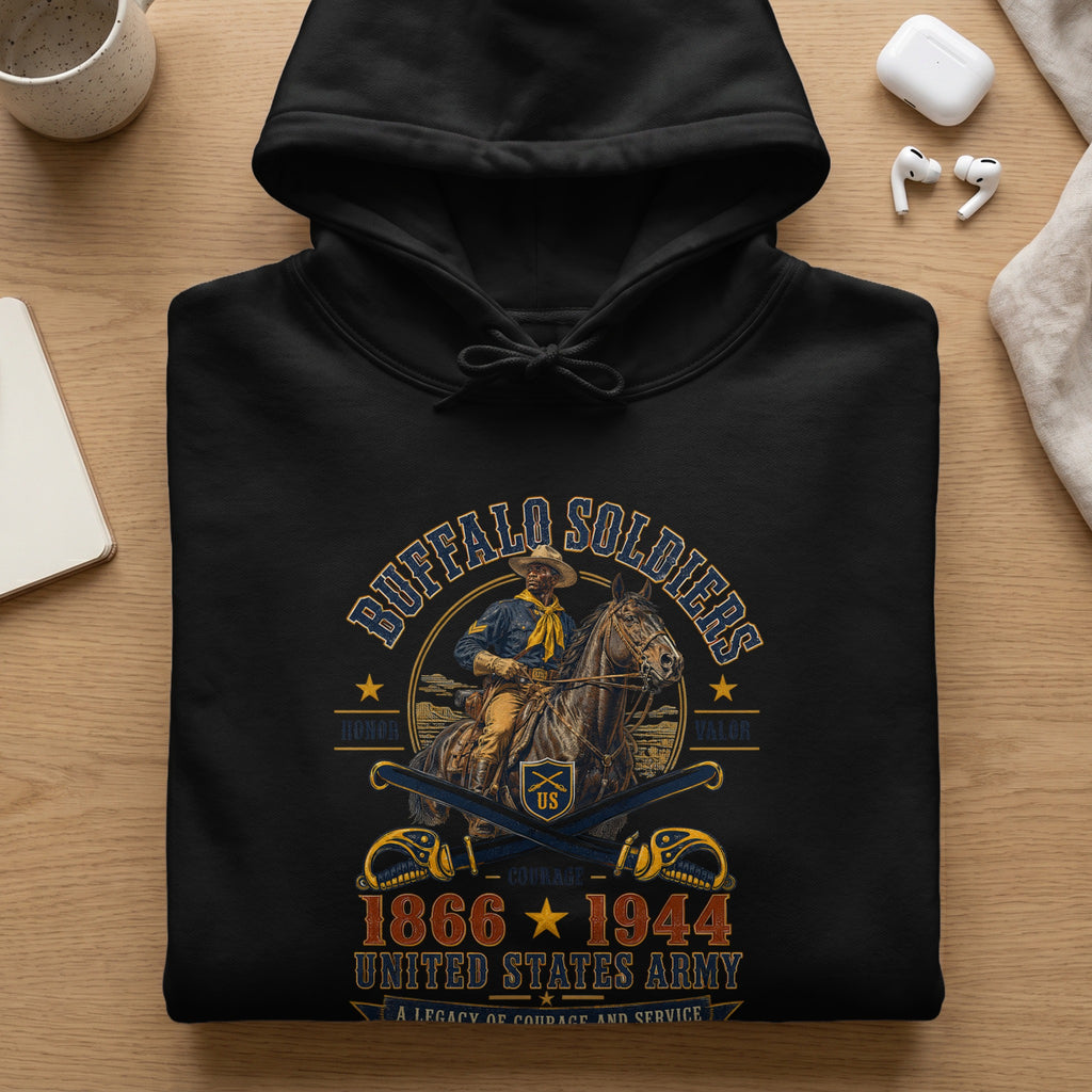 Black hoodie with "Buffalo Soldiers" text and cavalry illustration.