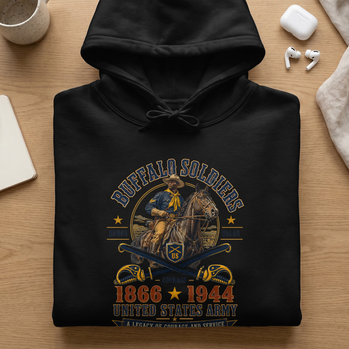 Black hoodie with "Buffalo Soldiers" text and cavalry illustration.