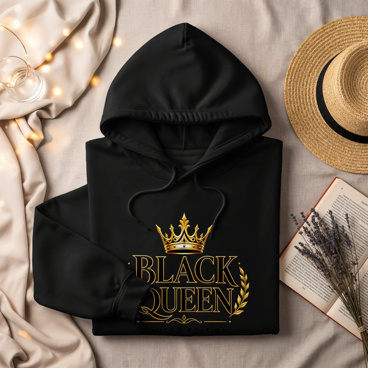 Black hoodie with gold "BLACK QUEEN LIMITED EDITION" text and crown graphic.