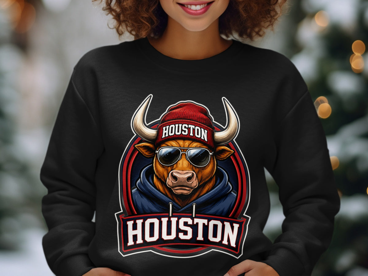 Black sweatshirt with a bull wearing a beanie and sunglasses, text "HOUSTON" above and below.