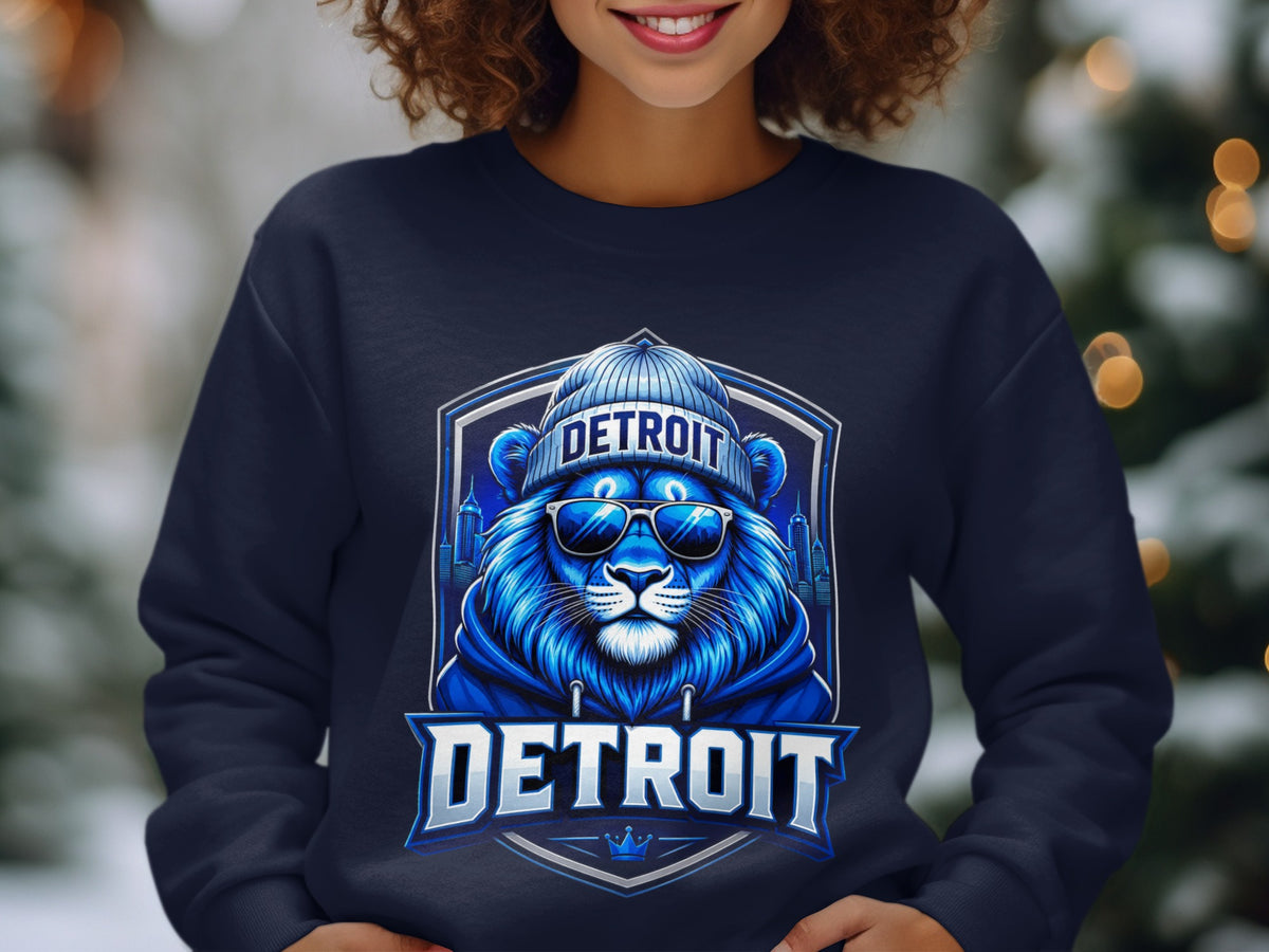 Blue lion graphic with sunglasses and beanie on navy sweatshirt, text "DETROIT".