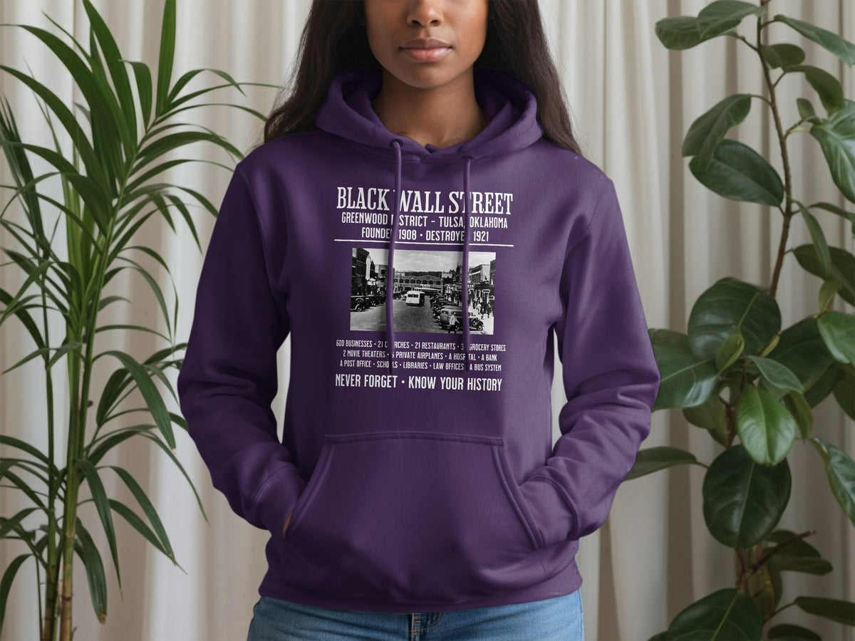 Purple hoodie with Black Wall Street design: Greenwood, Tulsa, Oklahoma, 1908-1921.